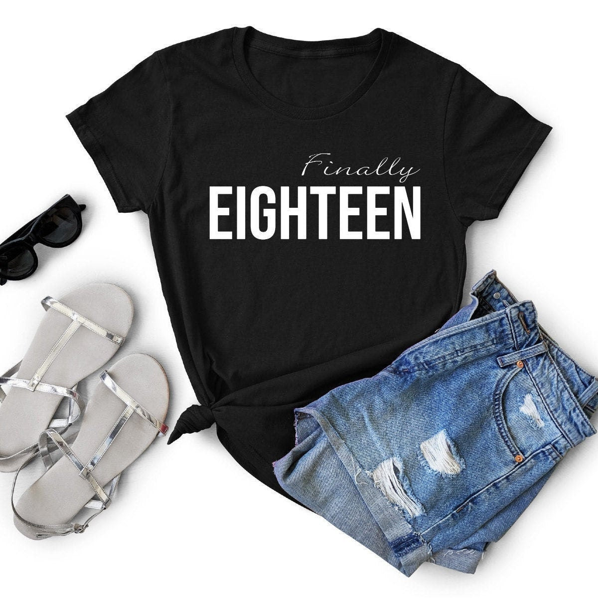 Finally Eighteen T-shirt, Funny birthday gift,  Black Soft Cotton Tee