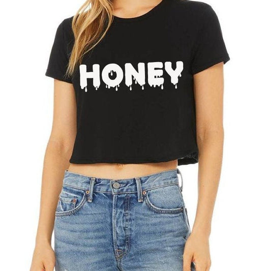 Honey,  Black  Crop Top , Soft Cotton Cropped Tee.