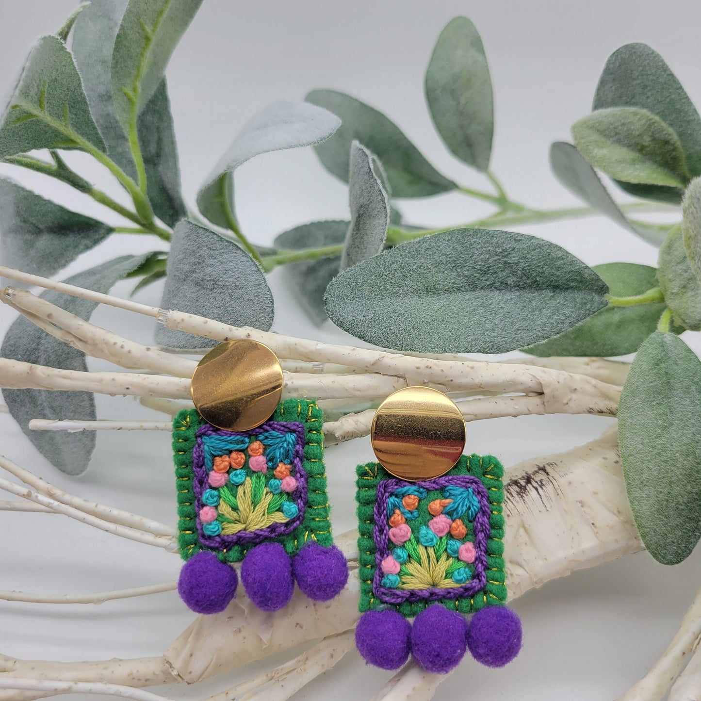 Hand Embroidered Floral Earrings, Unique Wearable Art Jewelry, Handmade Women gift.