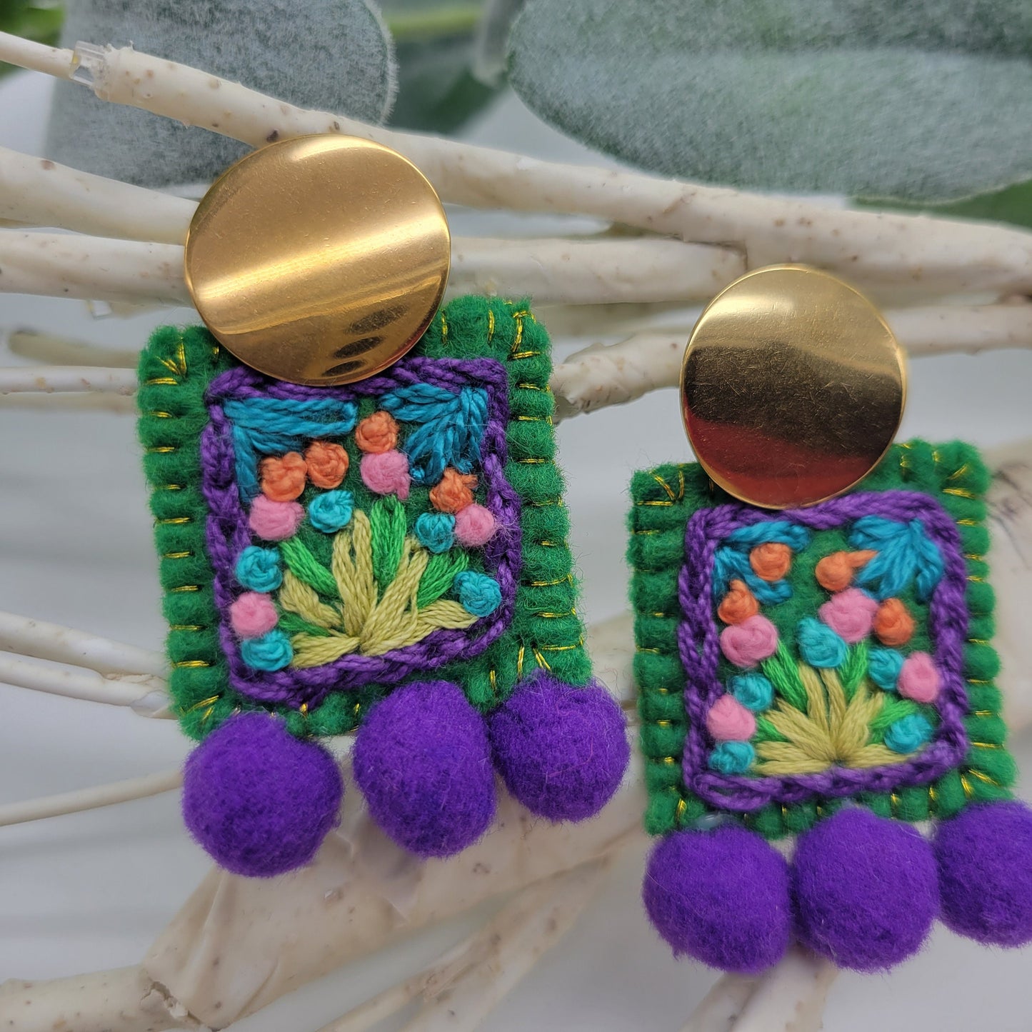 Hand Embroidered Floral Earrings, Unique Wearable Art Jewelry, Handmade Women gift.