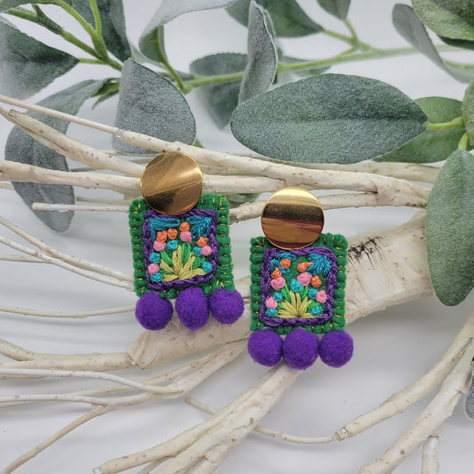 Hand Embroidered Floral Earrings, Unique Wearable Art Jewelry, Handmade Women gift.