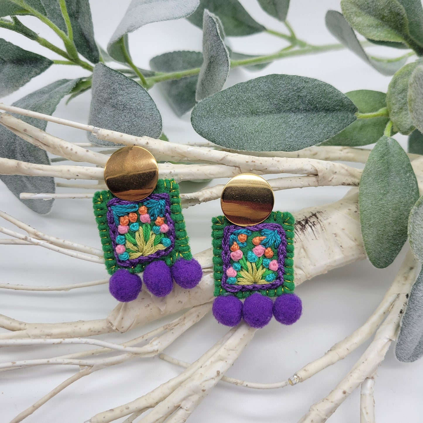 Hand Embroidered Floral Earrings, Unique Wearable Art Jewelry, Handmade Women gift.