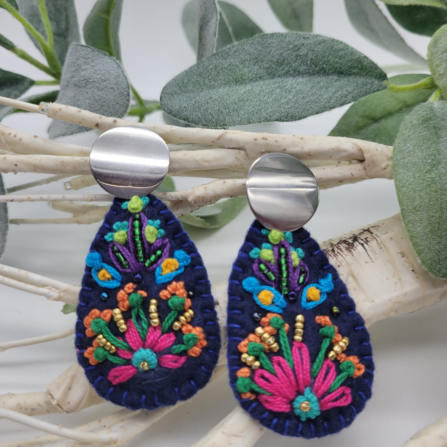 Hand Embroidered Floral Earrings, Unique Wearable Art Jewelry, Handmade Women gift.