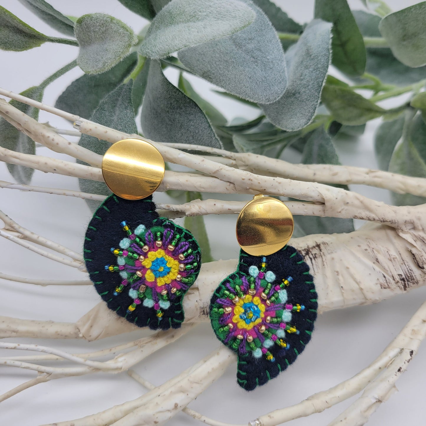 Hand Embroidered Floral Earrings, Unique Wearable Art Jewelry, Fine Handmade Women gift.