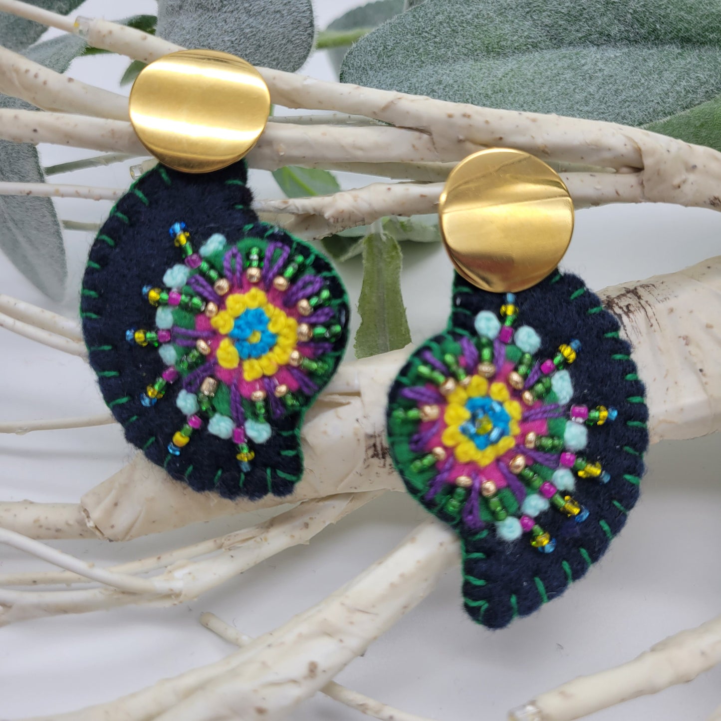 Hand Embroidered Floral Earrings, Unique Wearable Art Jewelry, Fine Handmade Women gift.