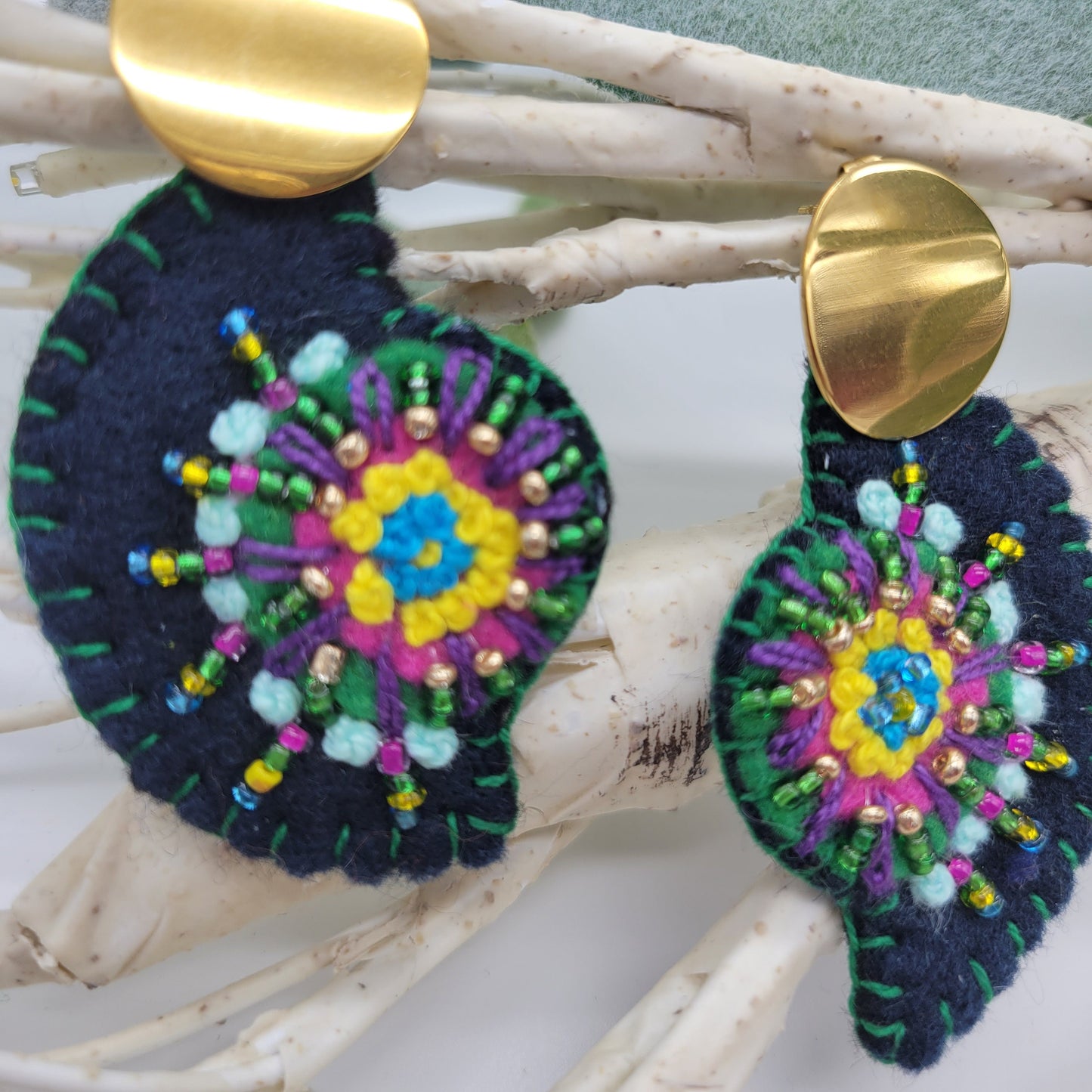 Hand Embroidered Floral Earrings, Unique Wearable Art Jewelry, Fine Handmade Women gift.