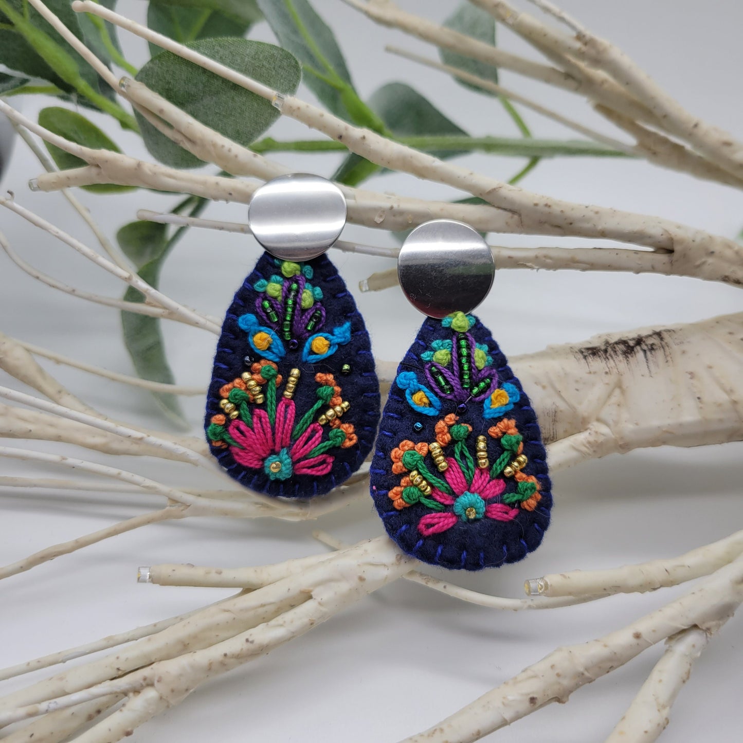 Hand Embroidered Floral Earrings, Unique Wearable Art Jewelry, Handmade Women gift.