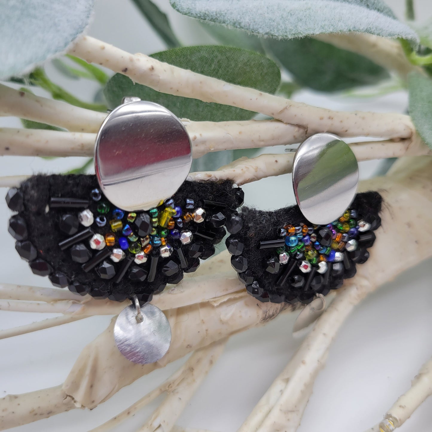 Black Hand Embroidered Earrings, Unique Women gift, Handmade Wearable Art Jewelry.