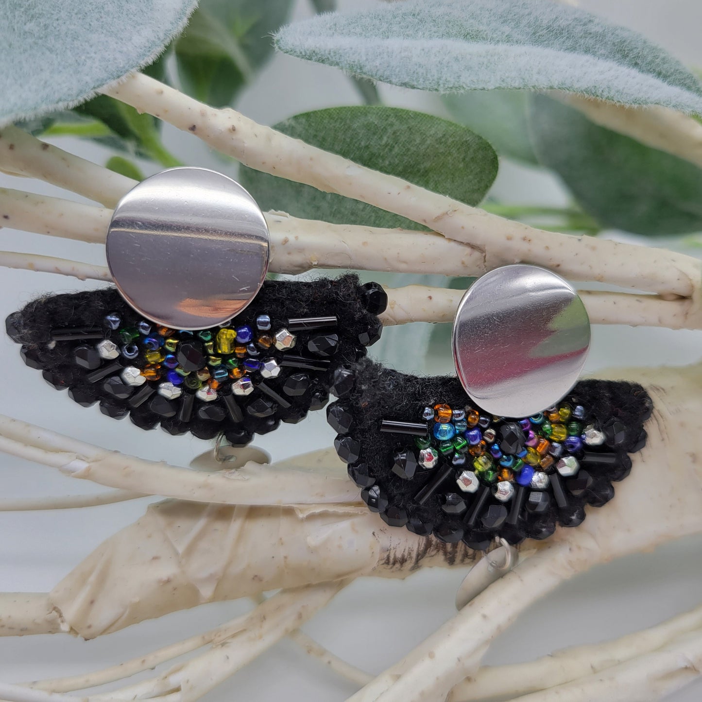 Black Hand Embroidered Earrings, Unique Women gift, Handmade Wearable Art Jewelry.