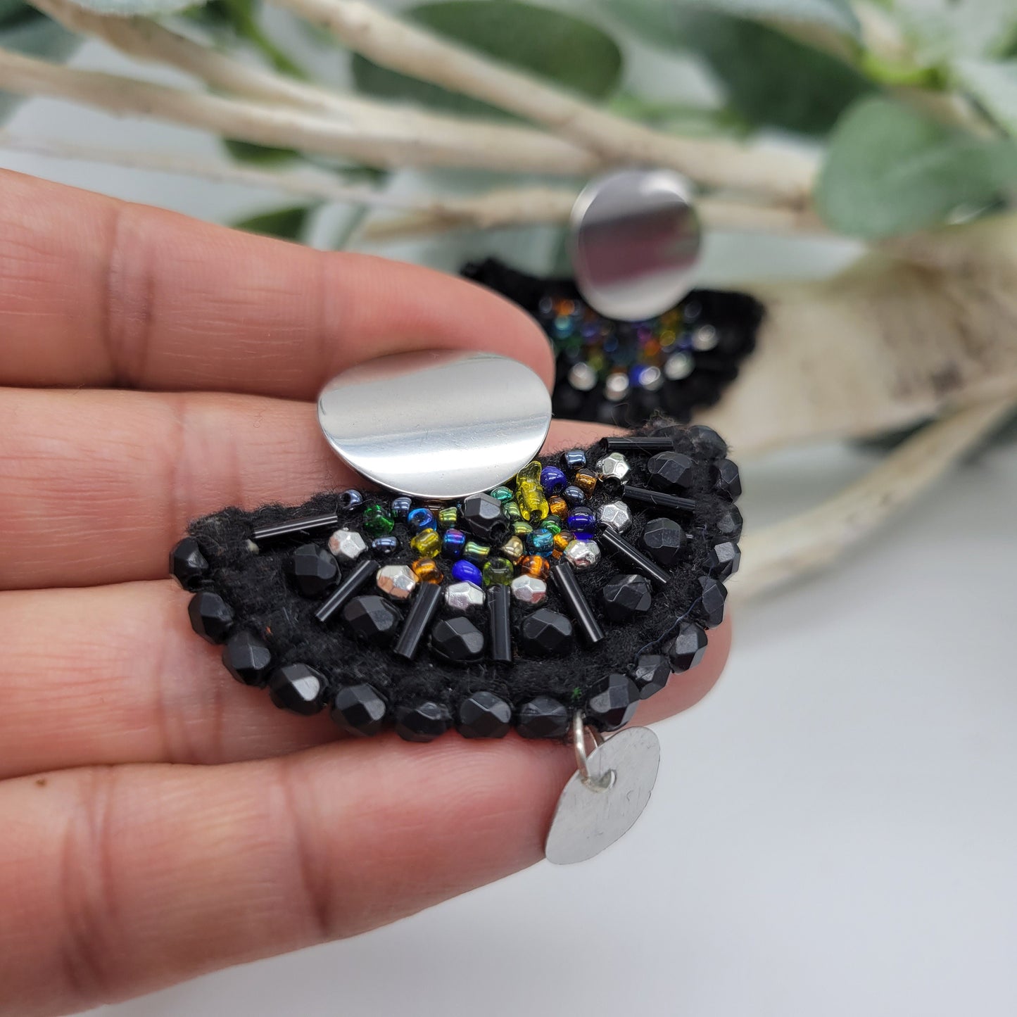 Black Hand Embroidered Earrings, Unique Women gift, Handmade Wearable Art Jewelry.