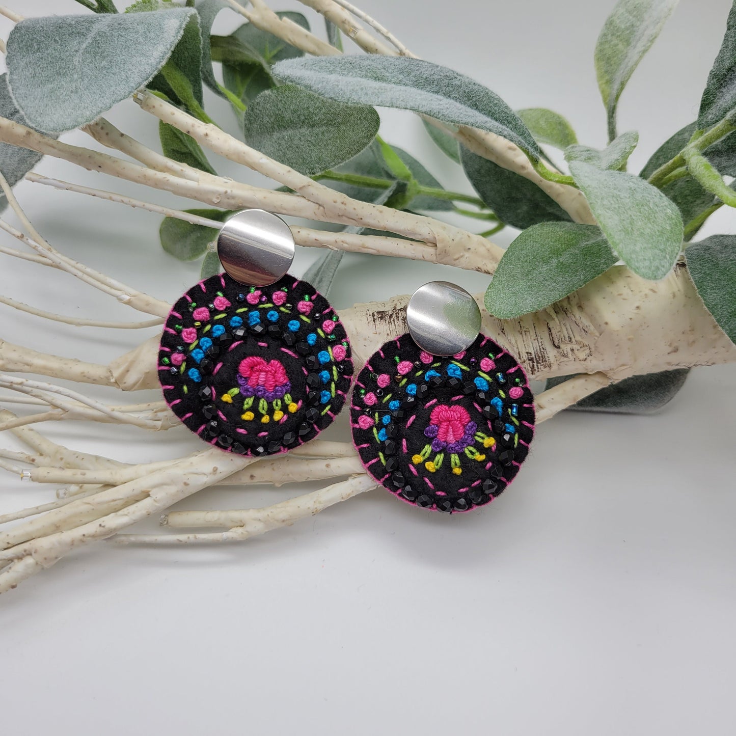 Hand Embroidered Earrings, Unique Women gift, Handmade Wearable Art Jewelry.