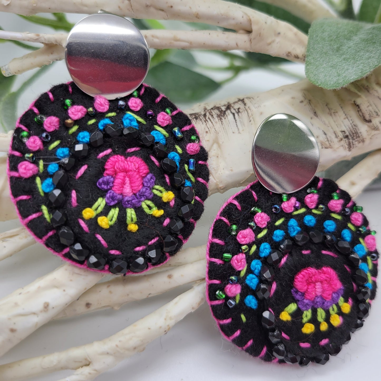 Hand Embroidered Earrings, Unique Women gift, Handmade Wearable Art Jewelry.