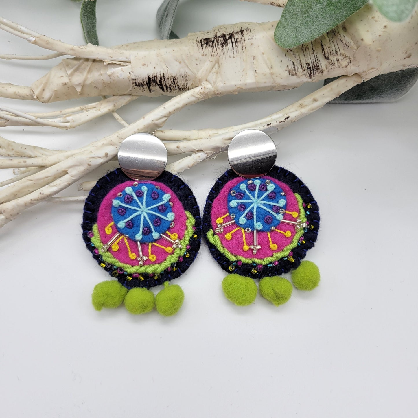 Hand Embroidered Earrings, Unique Women gift, Handmade Wearable Art Jewelry.