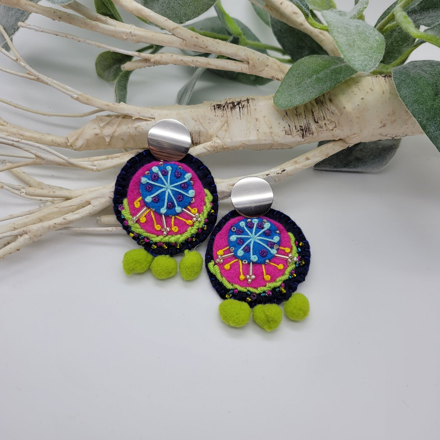 Hand Embroidered Earrings, Unique Women gift, Handmade Wearable Art Jewelry.