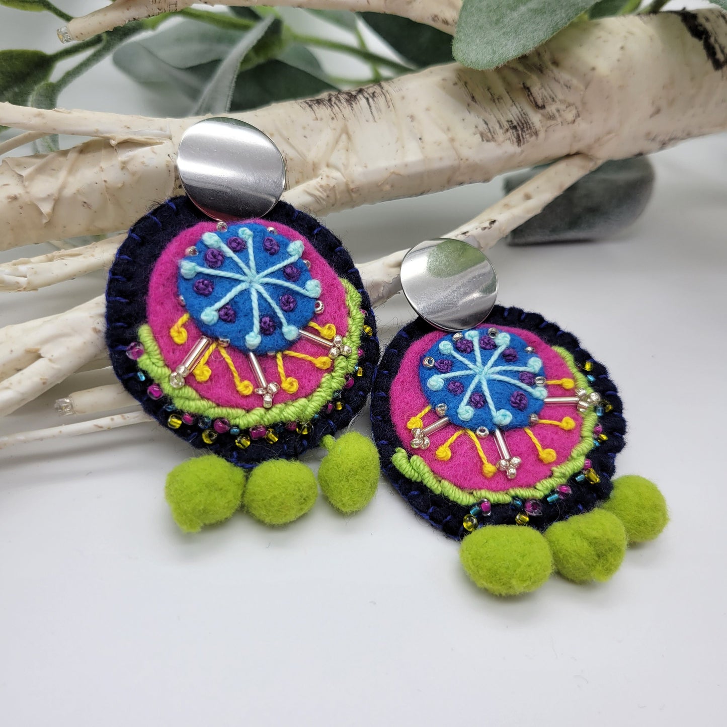 Hand Embroidered Earrings, Unique Women gift, Handmade Wearable Art Jewelry.