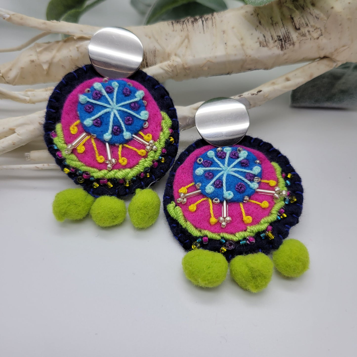 Hand Embroidered Earrings, Unique Women gift, Handmade Wearable Art Jewelry.