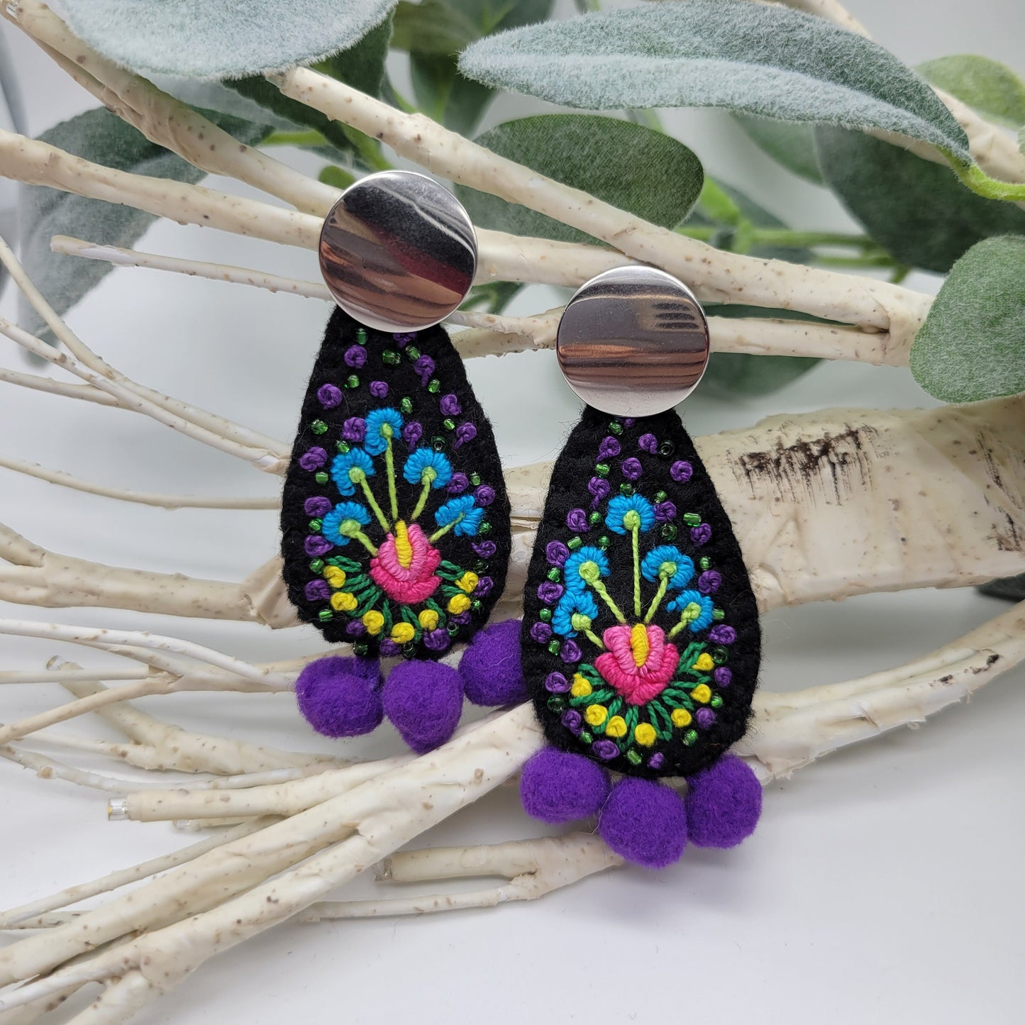 Hand Embroidered Earrings, Unique Women gift, Handmade Wearable Art Jewelry.