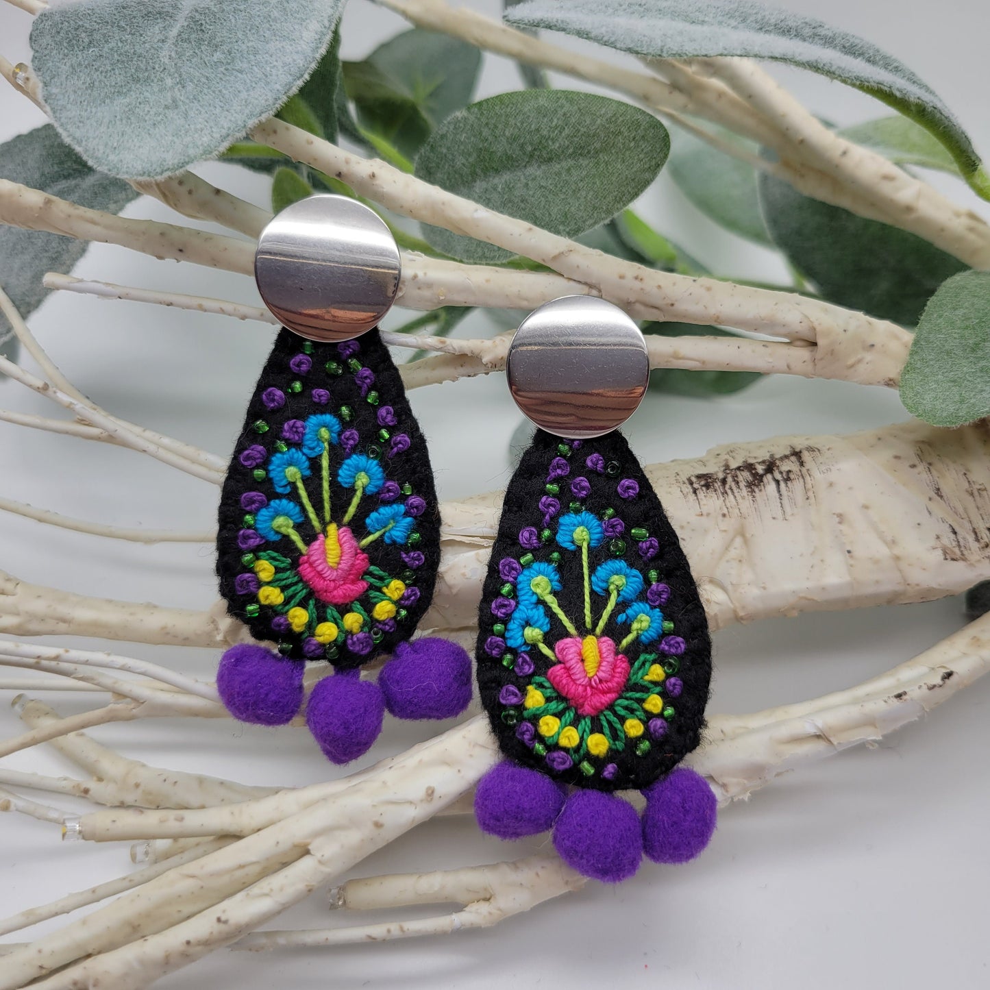 Hand Embroidered Earrings, Unique Women gift, Handmade Wearable Art Jewelry.