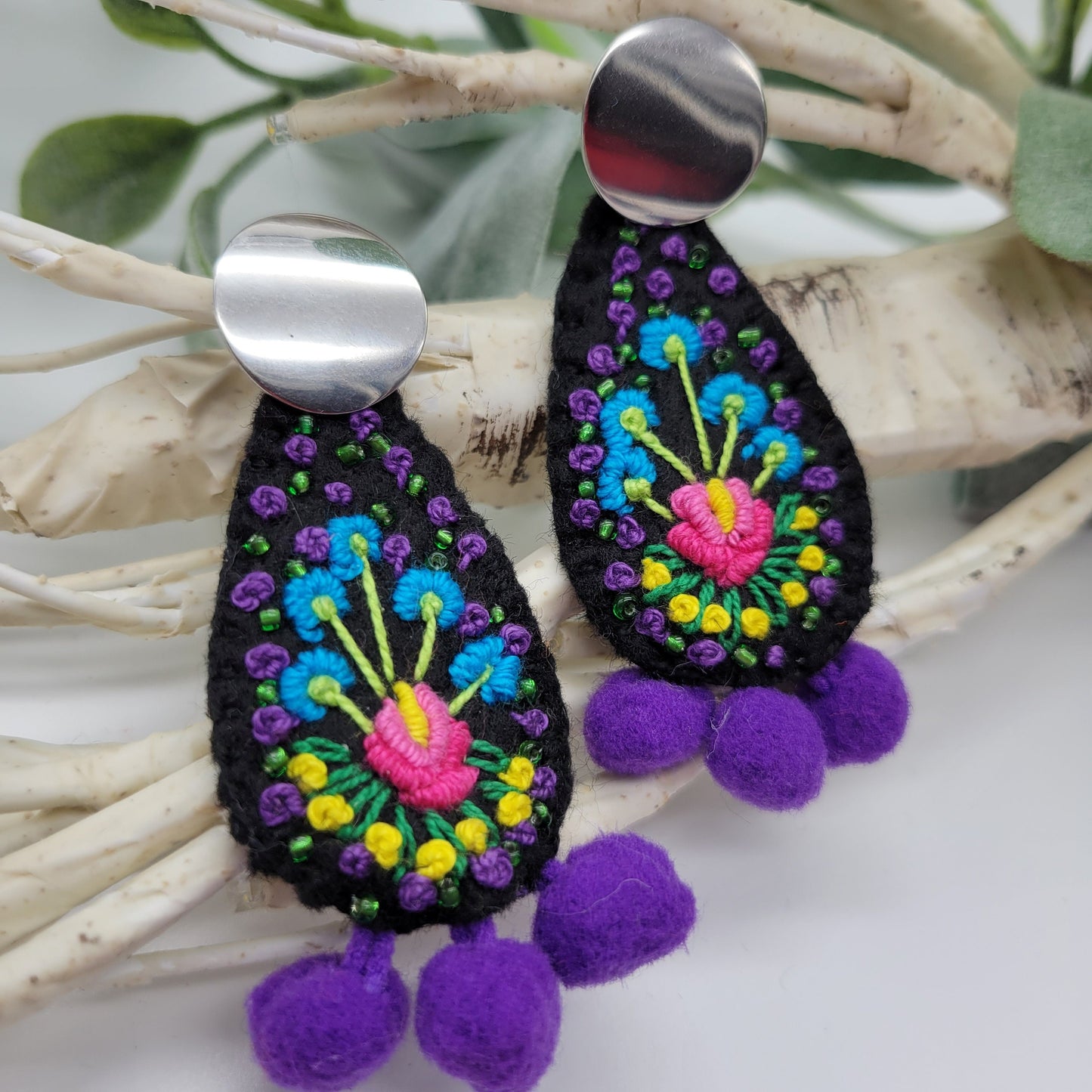 Hand Embroidered Earrings, Unique Women gift, Handmade Wearable Art Jewelry.