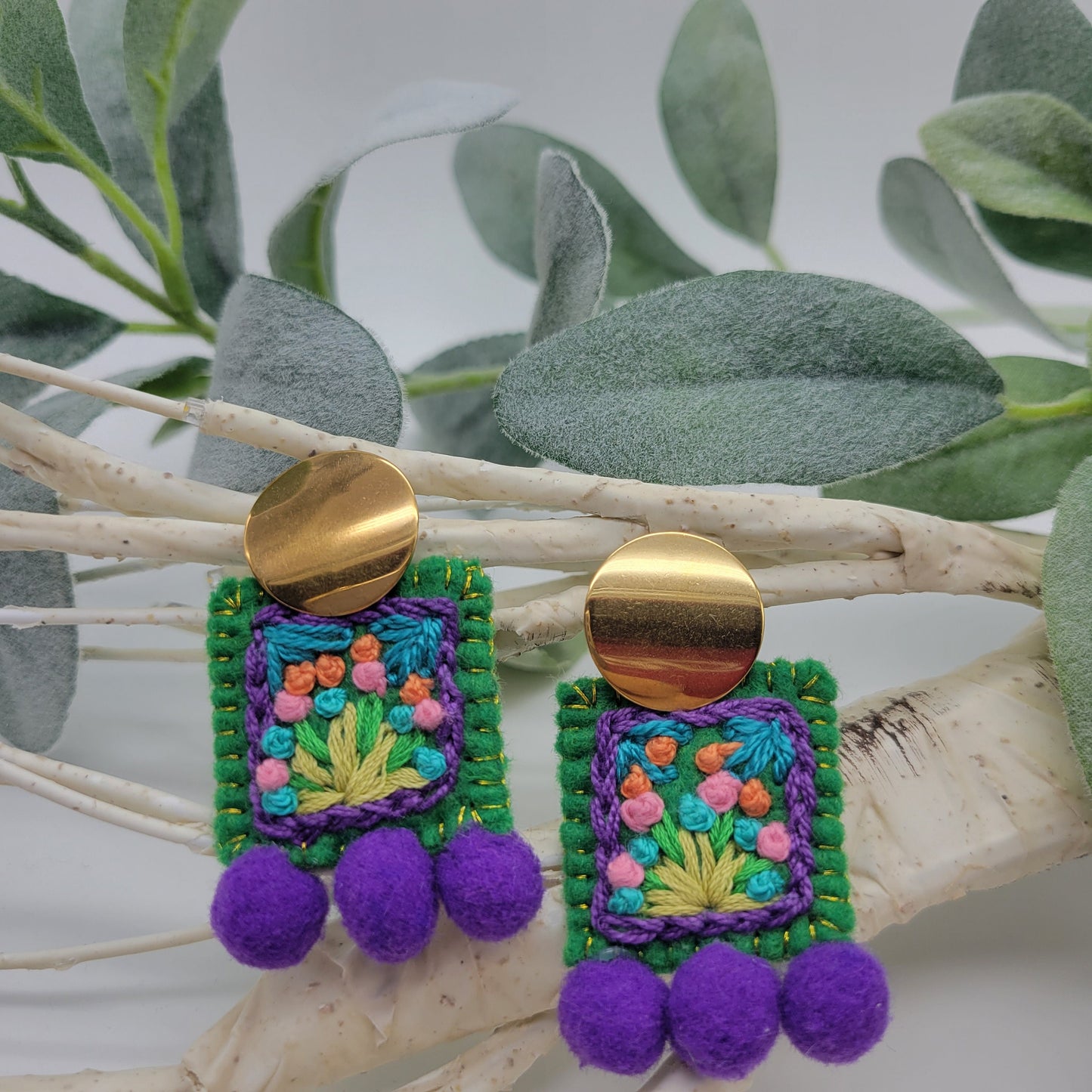 Hand Embroidered Floral Earrings, Unique Wearable Art Jewelry, Handmade Women gift.