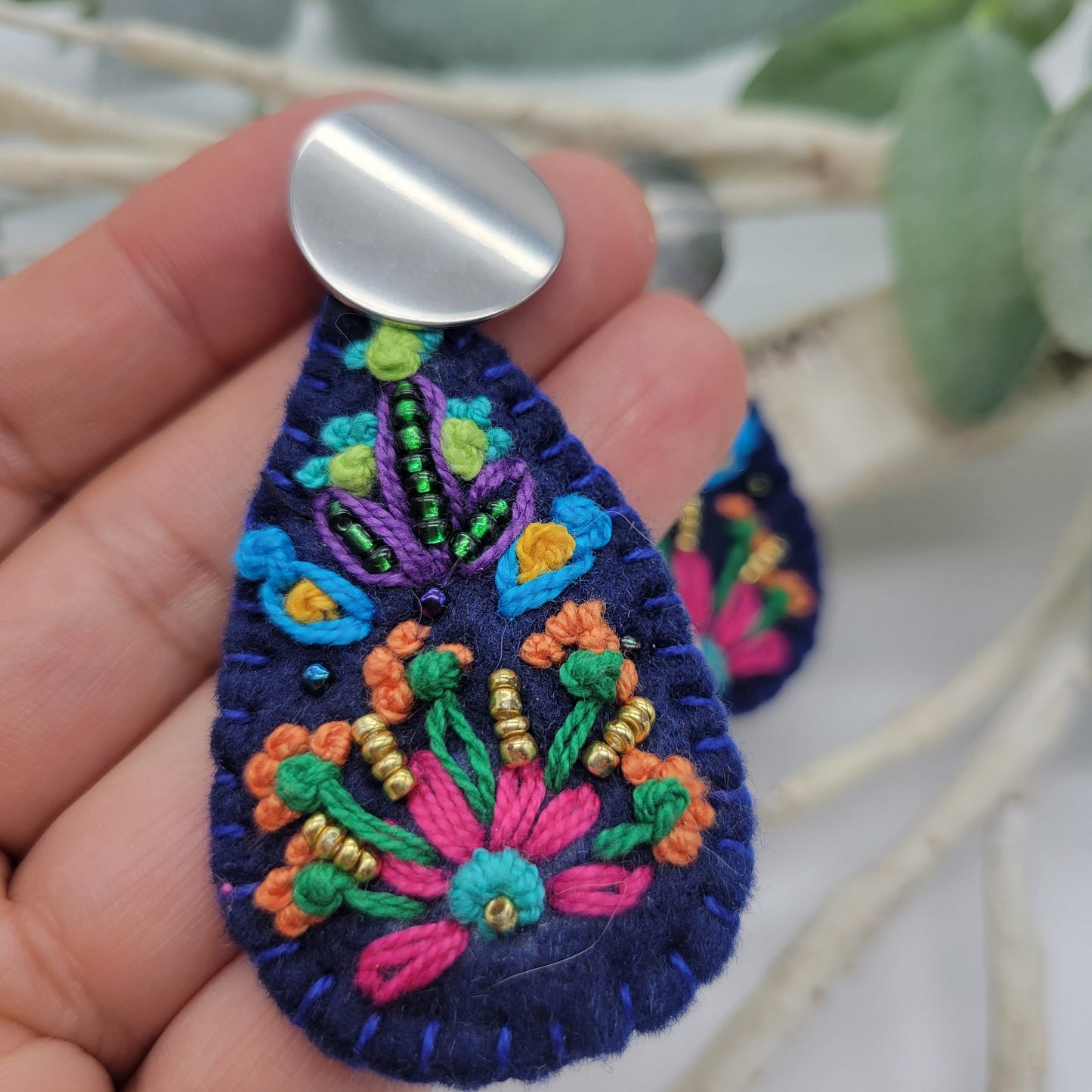 Hand Embroidered Floral Earrings, Unique Wearable Art Jewelry, Handmade Women gift.