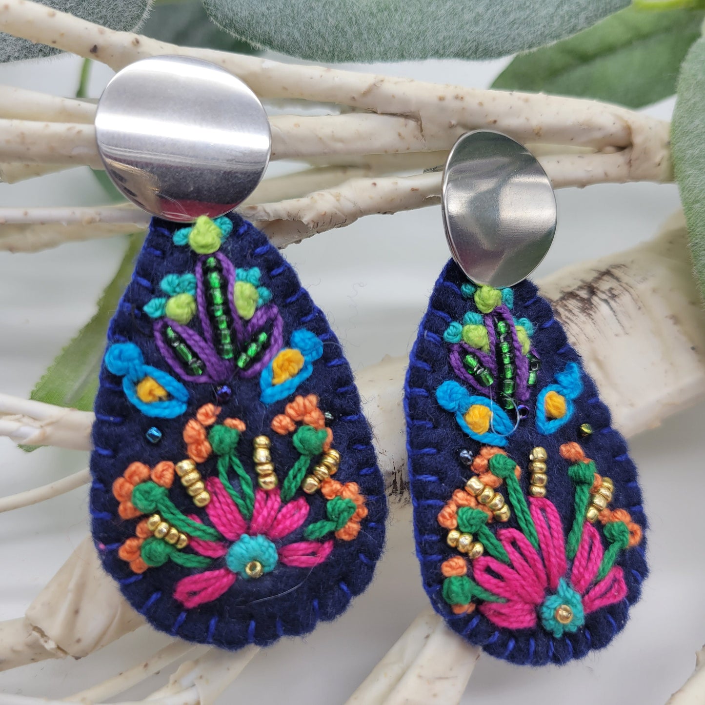 Hand Embroidered Floral Earrings, Unique Wearable Art Jewelry, Handmade Women gift.