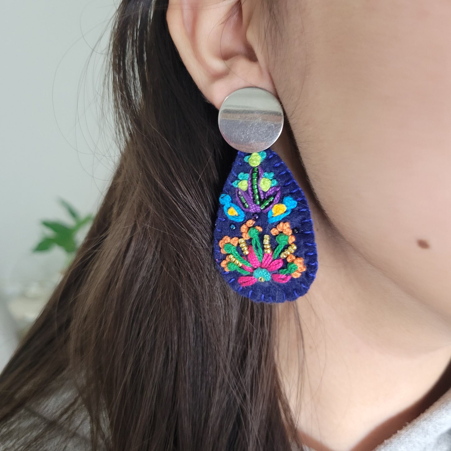 Hand Embroidered Floral Earrings, Unique Wearable Art Jewelry, Handmade Women gift.