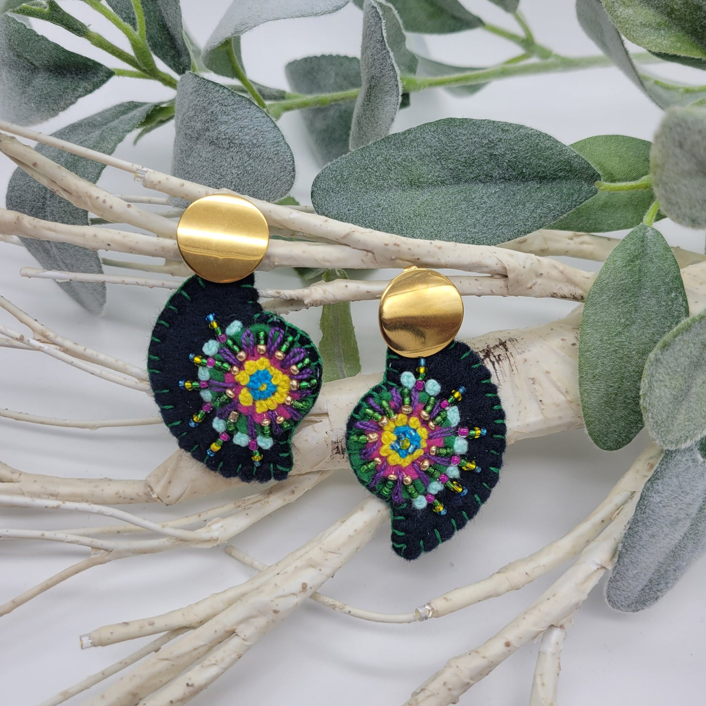 Hand Embroidered Floral Earrings, Unique Wearable Art Jewelry, Fine Handmade Women gift.