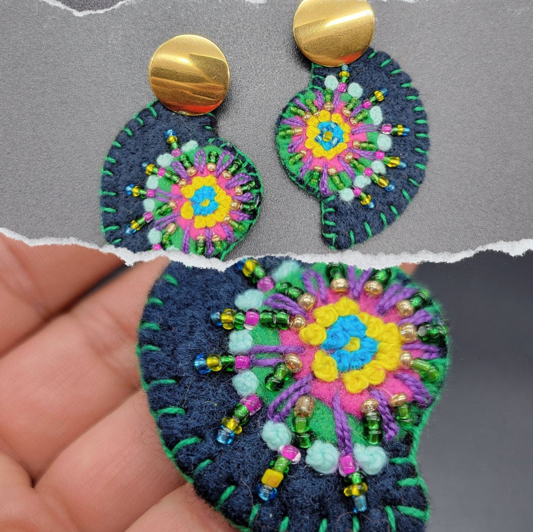 Hand Embroidered Floral Earrings, Unique Wearable Art Jewelry, Fine Handmade Women gift.