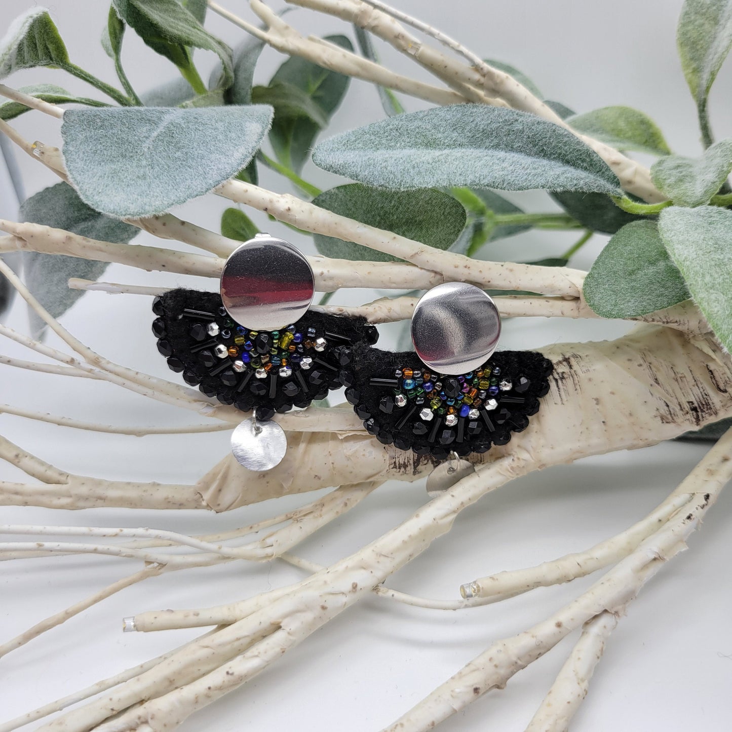 Black Hand Embroidered Earrings, Unique Women gift, Handmade Wearable Art Jewelry.