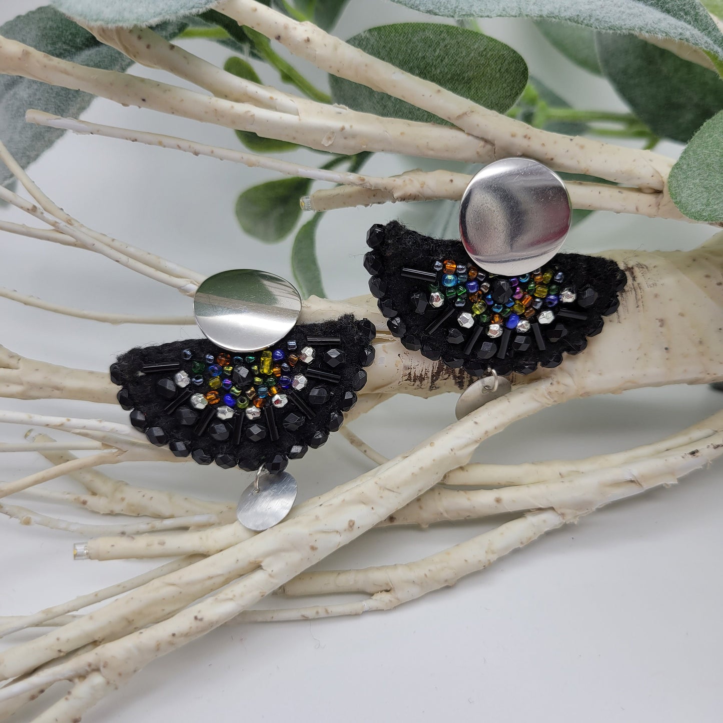 Black Hand Embroidered Earrings, Unique Women gift, Handmade Wearable Art Jewelry.