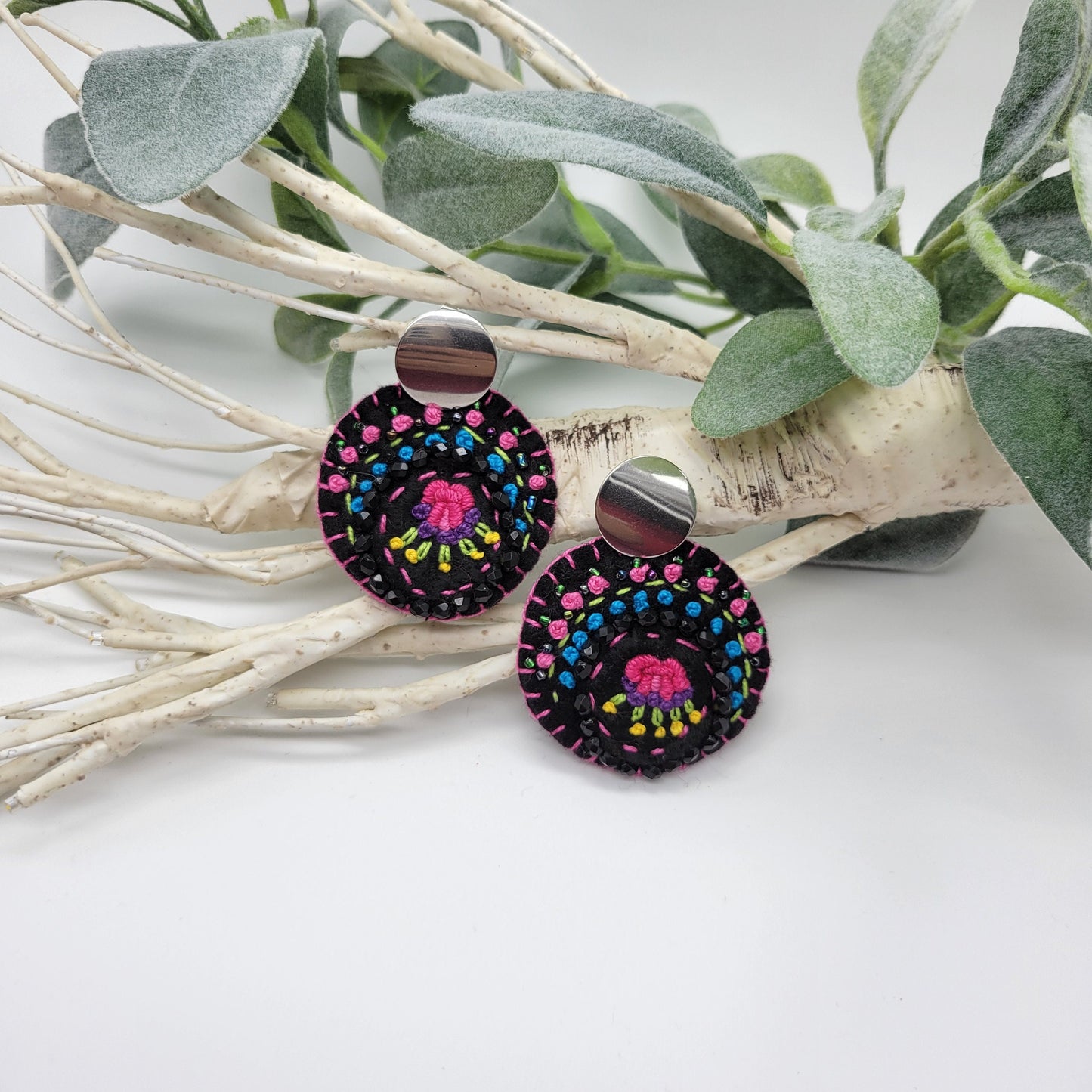 Hand Embroidered Earrings, Unique Women gift, Handmade Wearable Art Jewelry.