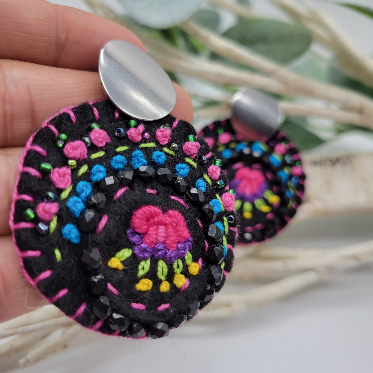 Hand Embroidered Earrings, Unique Women gift, Handmade Wearable Art Jewelry.