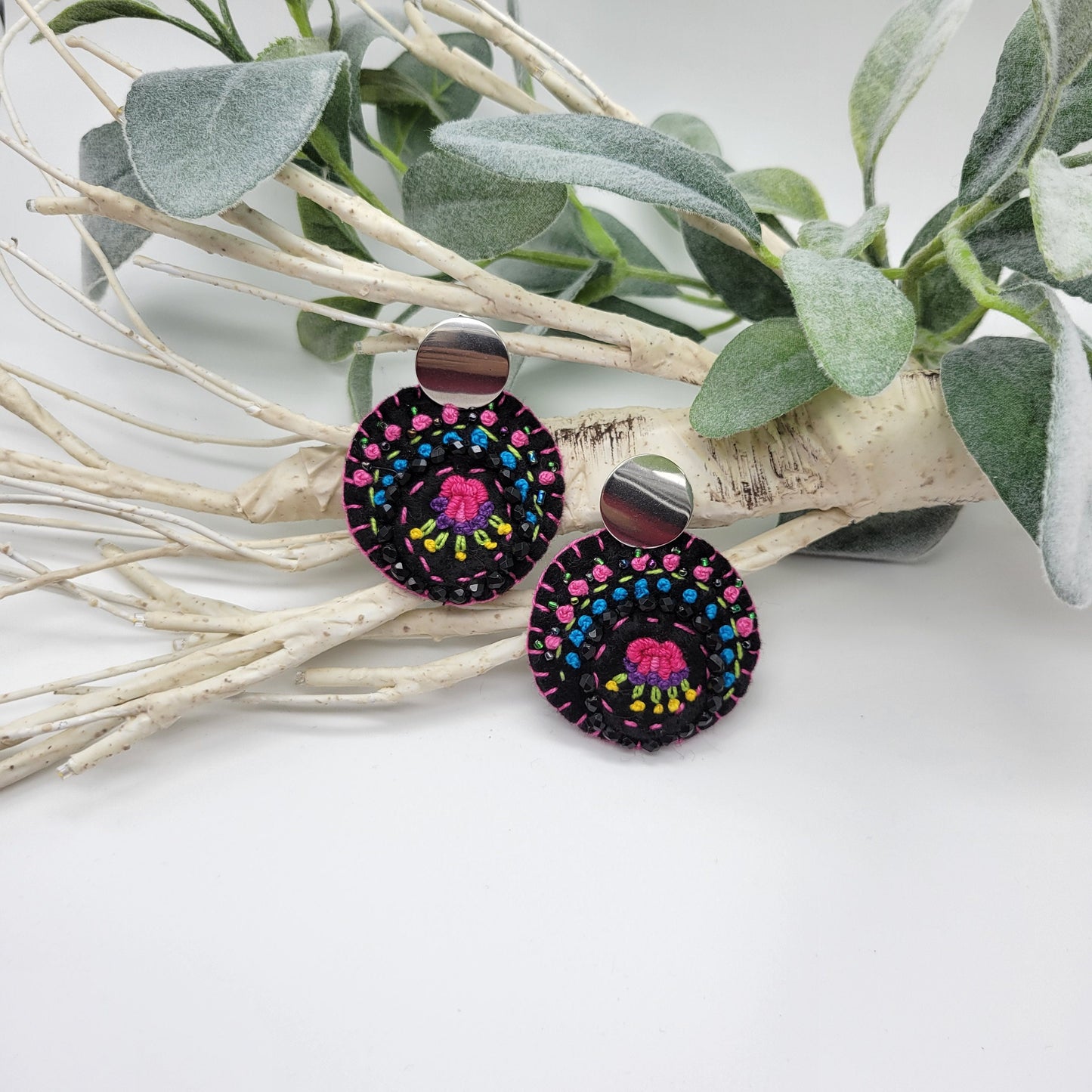 Hand Embroidered Earrings, Unique Women gift, Handmade Wearable Art Jewelry.