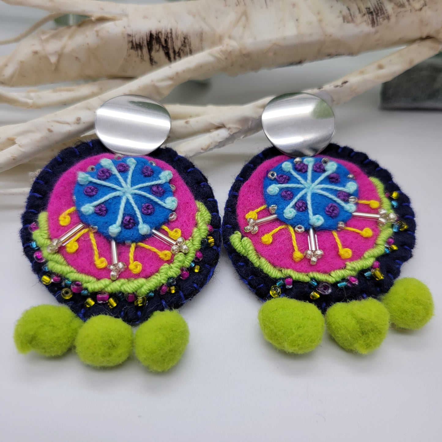 Hand Embroidered Earrings, Unique Women gift, Handmade Wearable Art Jewelry.