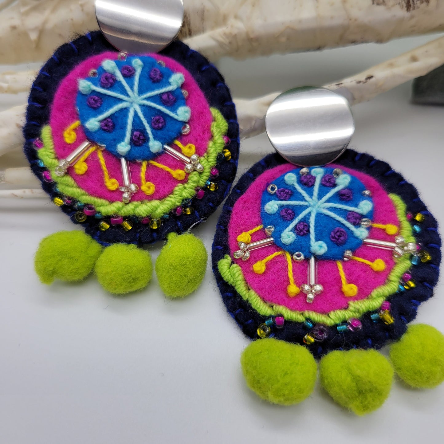 Hand Embroidered Earrings, Unique Women gift, Handmade Wearable Art Jewelry.