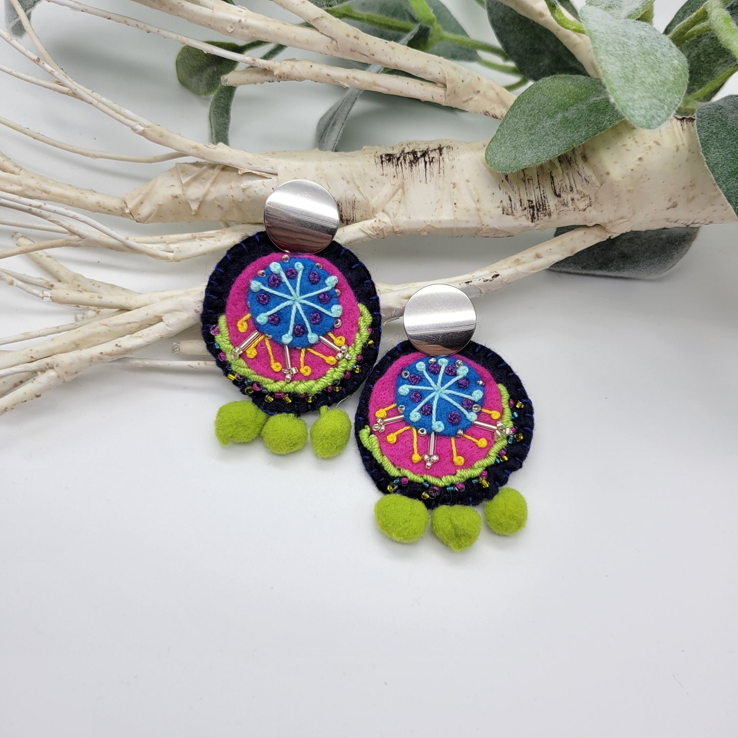 Hand Embroidered Earrings, Unique Women gift, Handmade Wearable Art Jewelry.