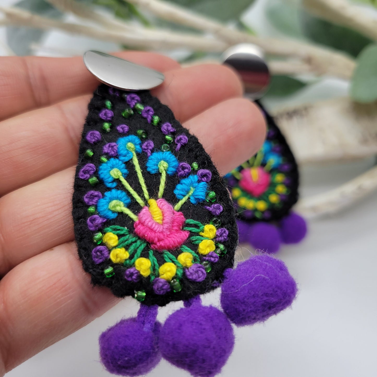 Hand Embroidered Earrings, Unique Women gift, Handmade Wearable Art Jewelry.