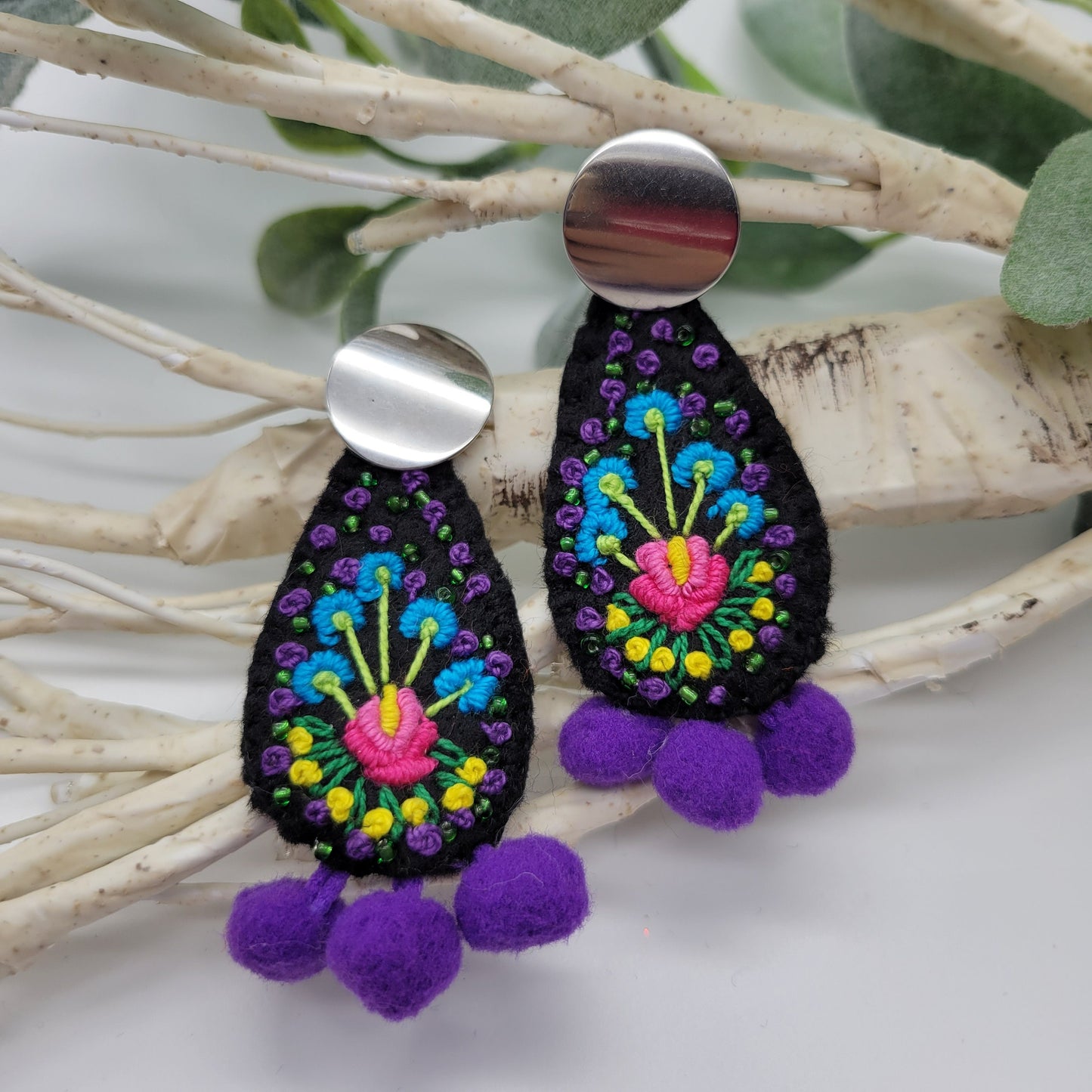 Hand Embroidered Earrings, Unique Women gift, Handmade Wearable Art Jewelry.