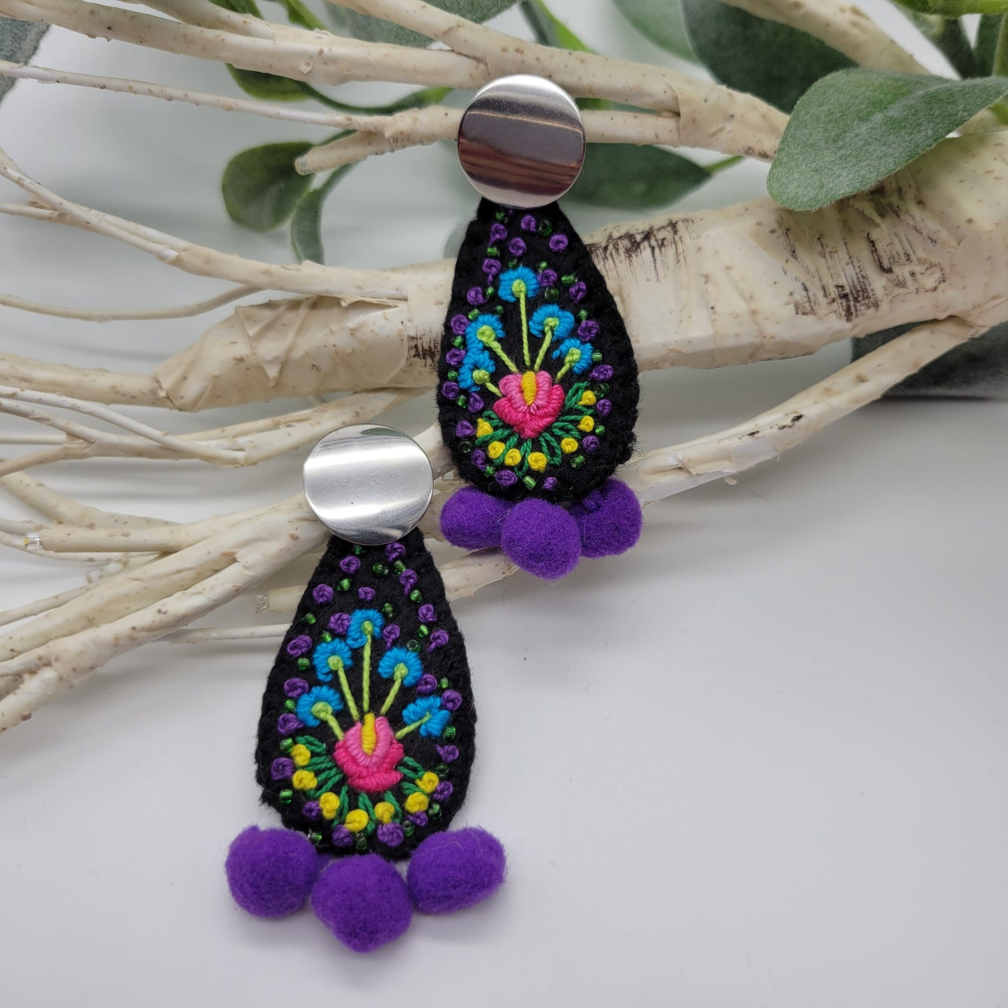 Hand Embroidered Earrings, Unique Women gift, Handmade Wearable Art Jewelry.