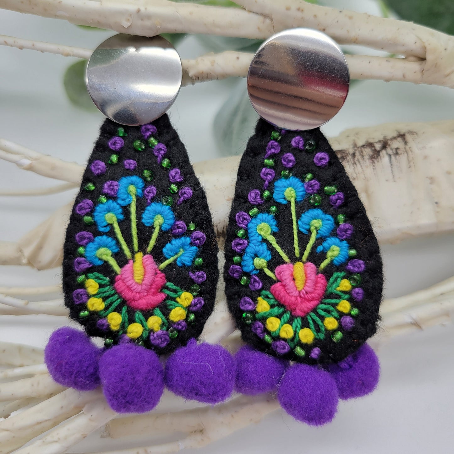 Hand Embroidered Earrings, Unique Women gift, Handmade Wearable Art Jewelry.