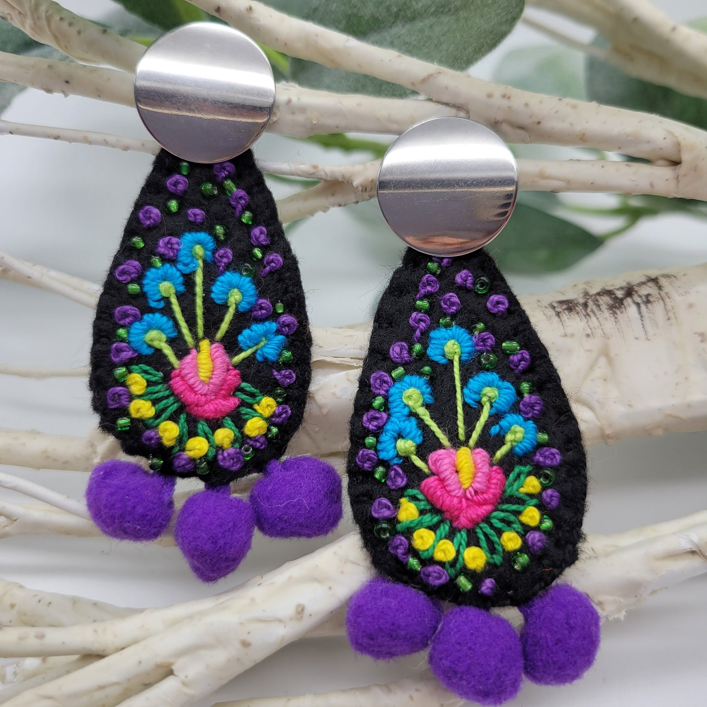 Hand Embroidered Earrings, Unique Women gift, Handmade Wearable Art Jewelry.